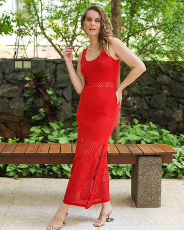 Vestido longo Adriana BY Wear trico lurex vermelho BY WEAR