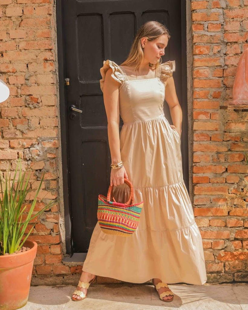 Vestido midi Lana BY Wear alça babado bege BY WEAR