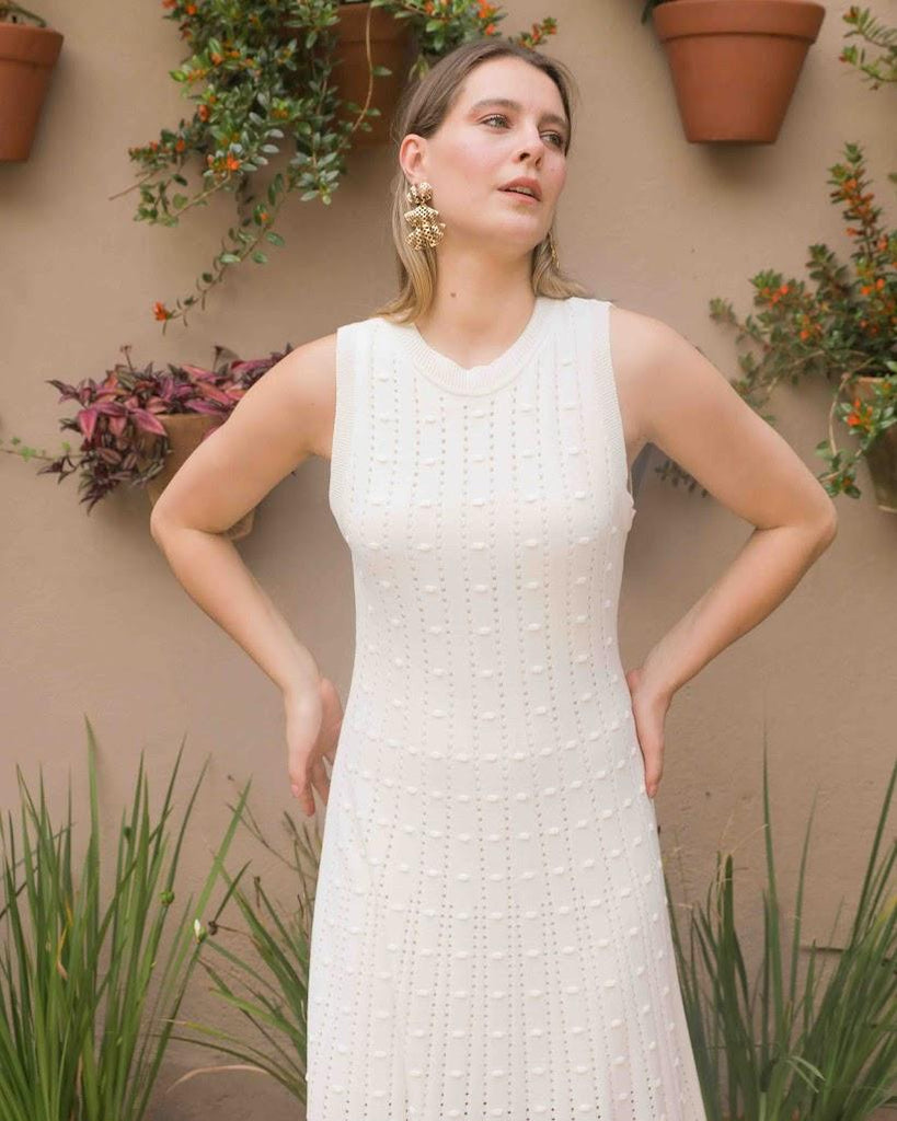 Vestido  midi Lisa BY Wear ponto pipoca branco BY WEAR