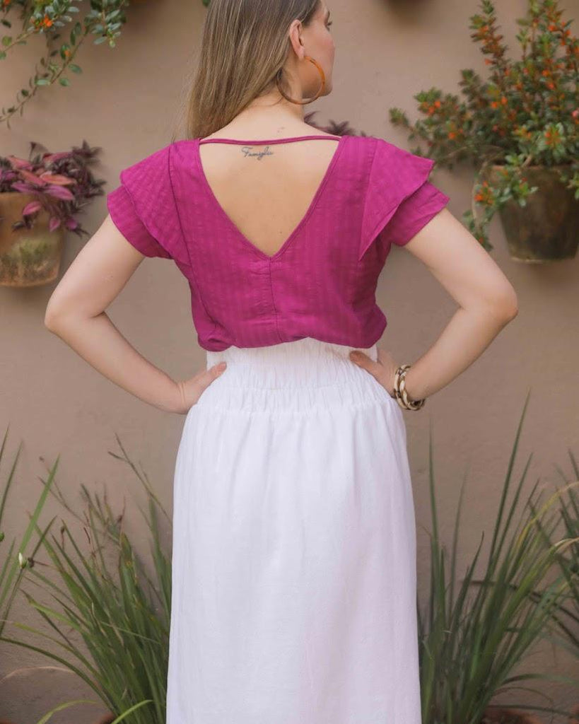 Blusa manga curta Fabiana BY Wear rayon listrado babado rosa BY WEAR