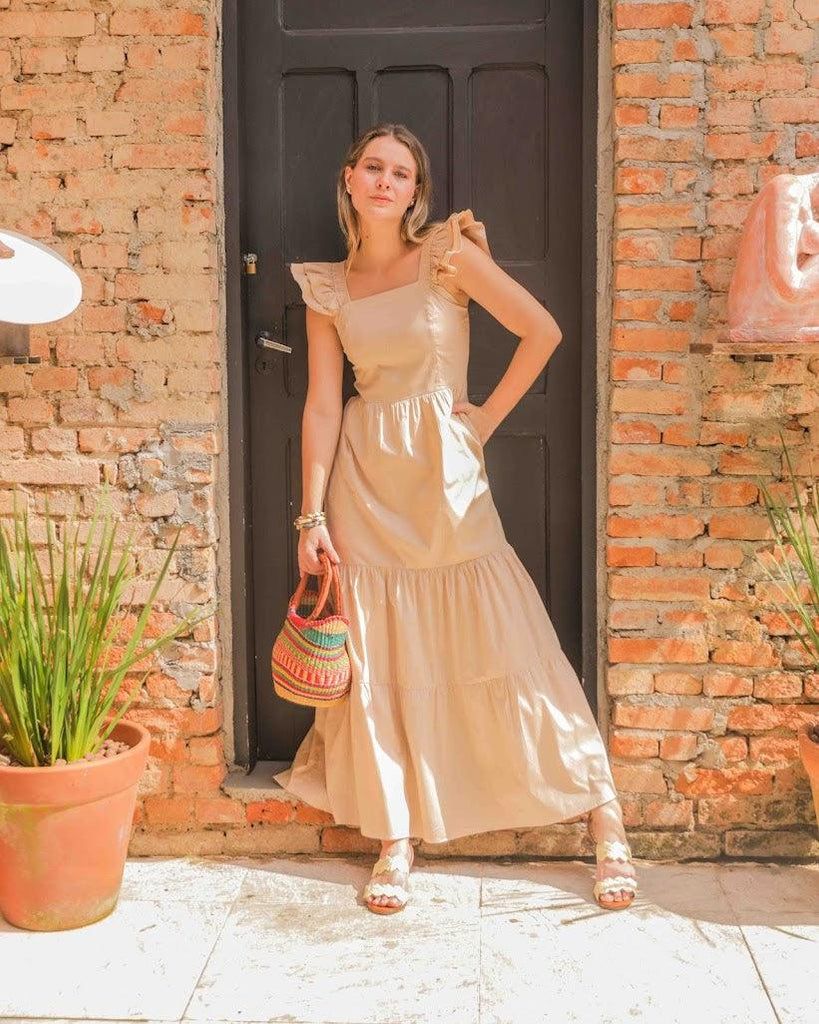 Vestido midi Lana BY Wear alça babado bege BY WEAR