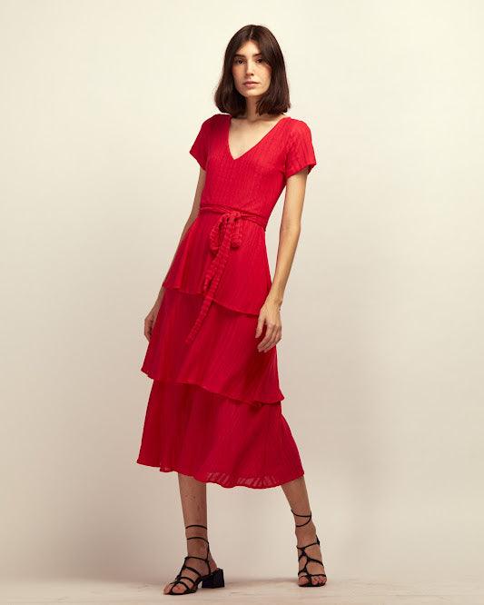 vestido midi camila 2 BY Wear babados vermelho BY WEAR