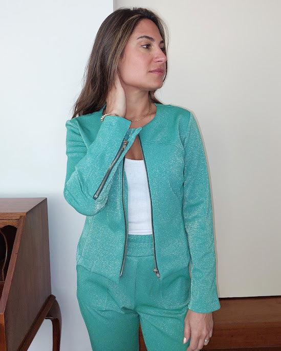 Casaco jaqueta Lucy BY Wear ponto roma lurex verde BY WEAR