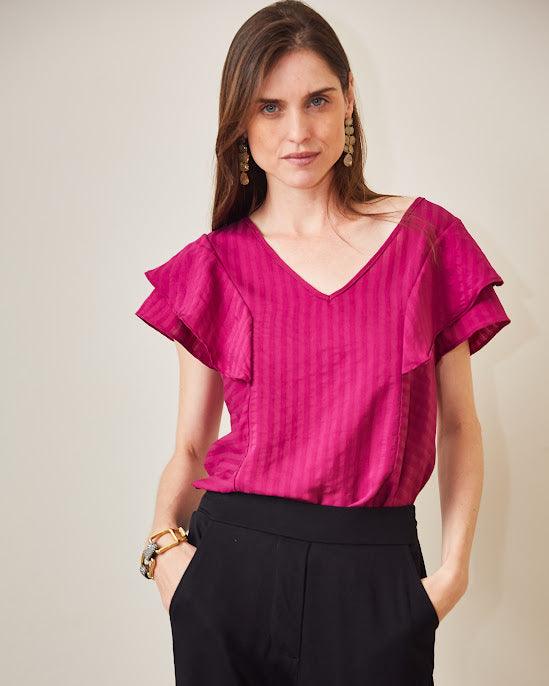 Blusa manga curta Fabiana BY Wear rayon listrado babado rosa BY WEAR