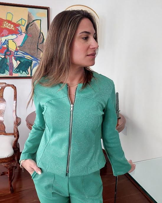 Casaco jaqueta Lucy BY Wear ponto roma lurex verde BY WEAR