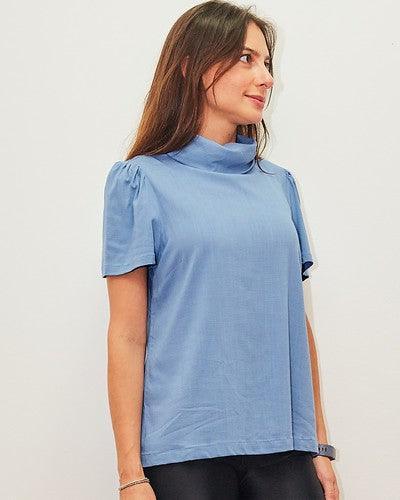 Blusa gina by wear viscolinho manga curta gola alta azul BY WEAR