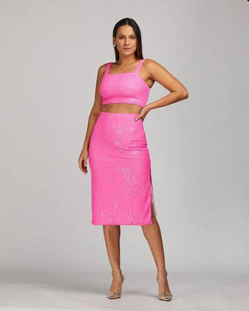 Saia midi Pamela BY Wear fenda paete pink BY WEAR