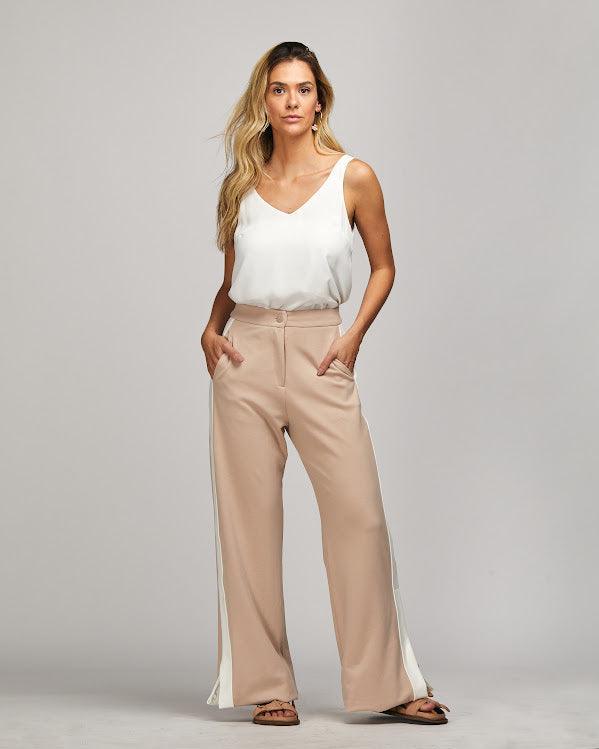 Calça pantalona Amanda BY Wear listra lateral Bege BY WEAR