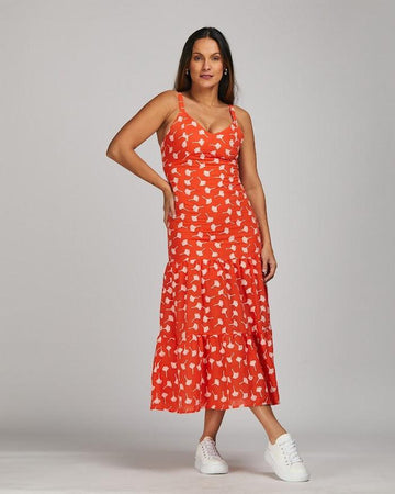 Vestido midi Lirio BY Wear bordado lirio Coral BY WEAR